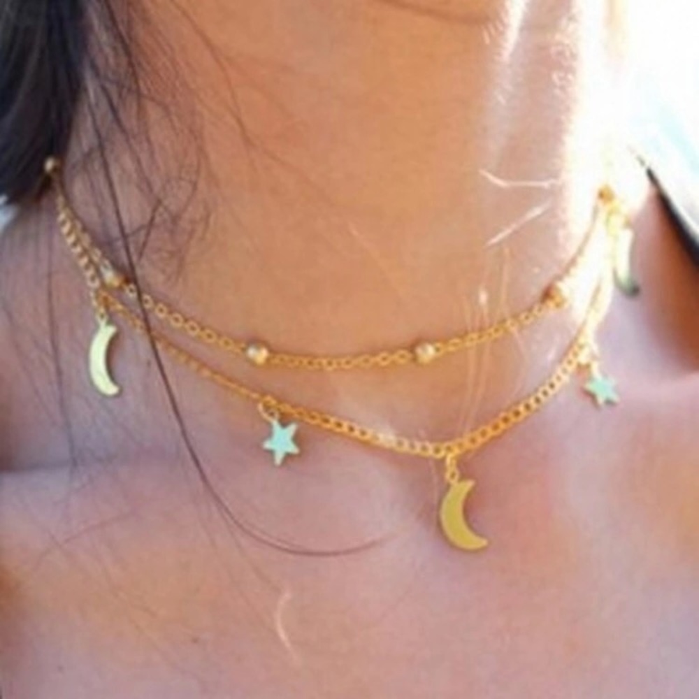 Double Moon Star Short Necklace